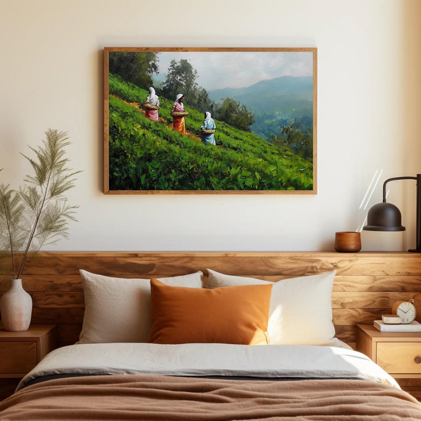 Kerala Tea Plantation Art canvas wall art shown above a bed