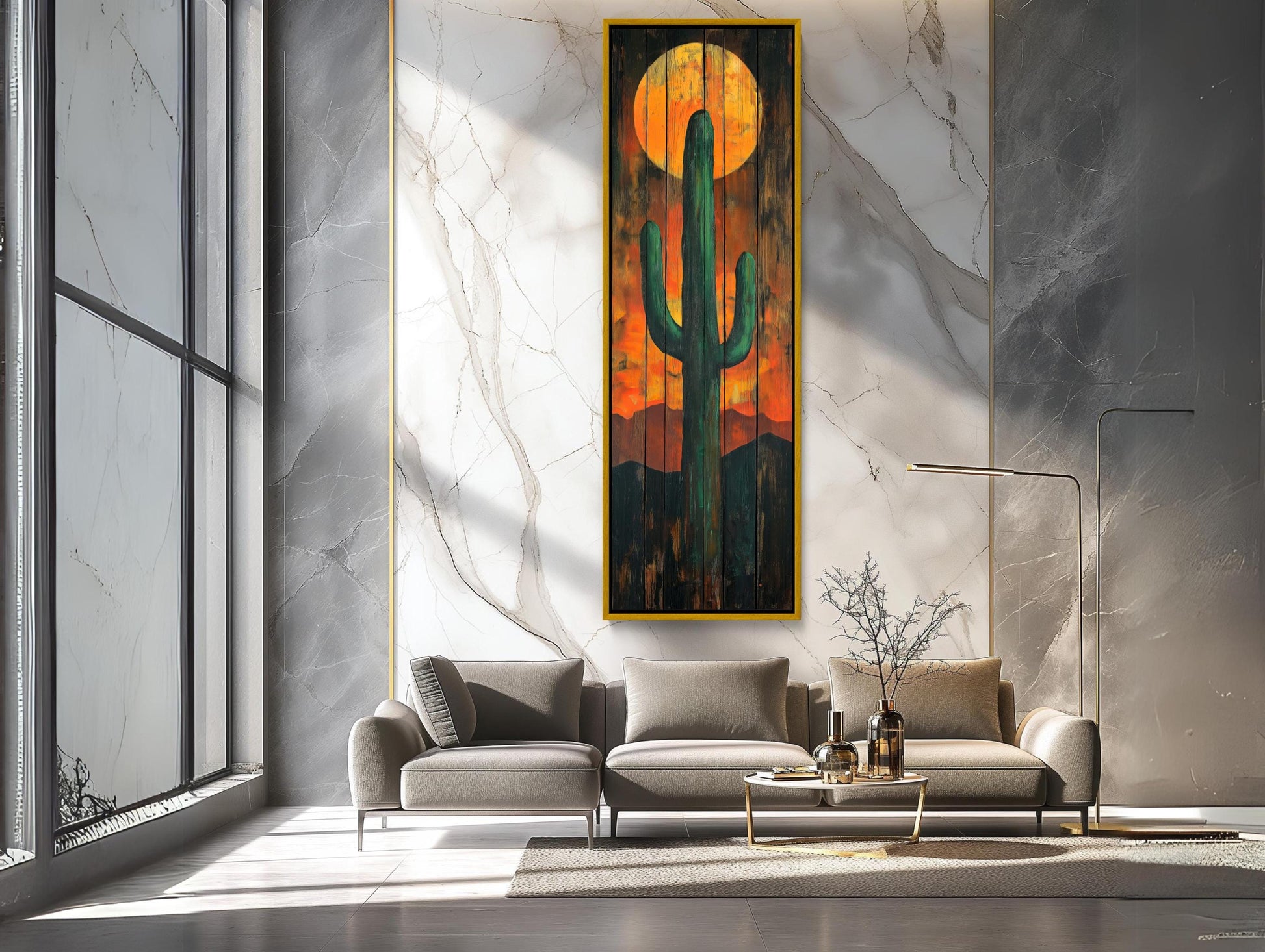 Desert Cactus Wall Art – Large Vertical Rustic Canvas Print With Sunset Cactus Silhouette - Antarmada