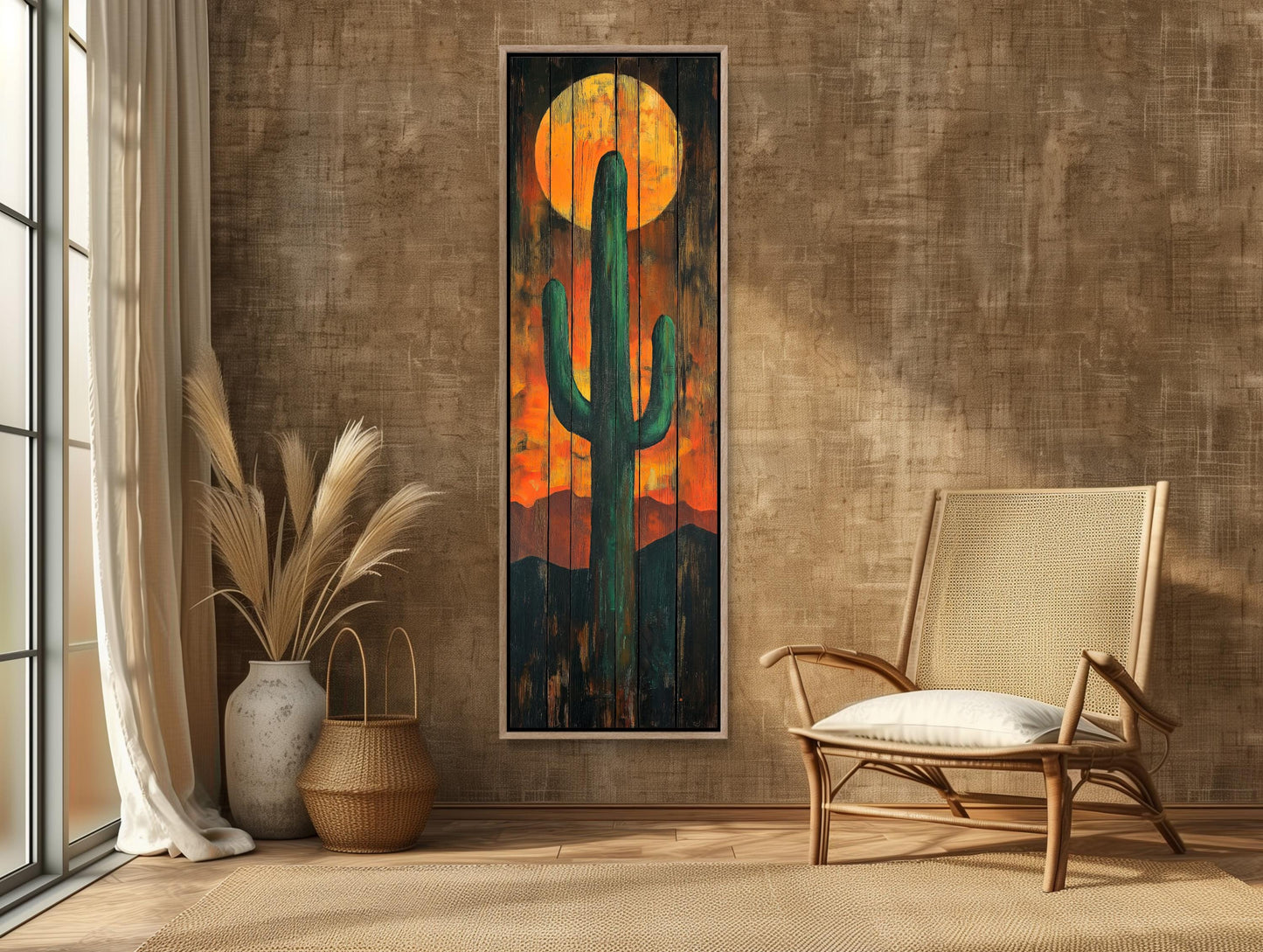 Desert Cactus Wall Art – Large Vertical Rustic Canvas Print With Sunset Cactus Silhouette - Antarmada