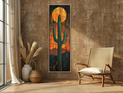 Desert Cactus Wall Art – Large Vertical Rustic Canvas Print With Sunset Cactus Silhouette - Antarmada