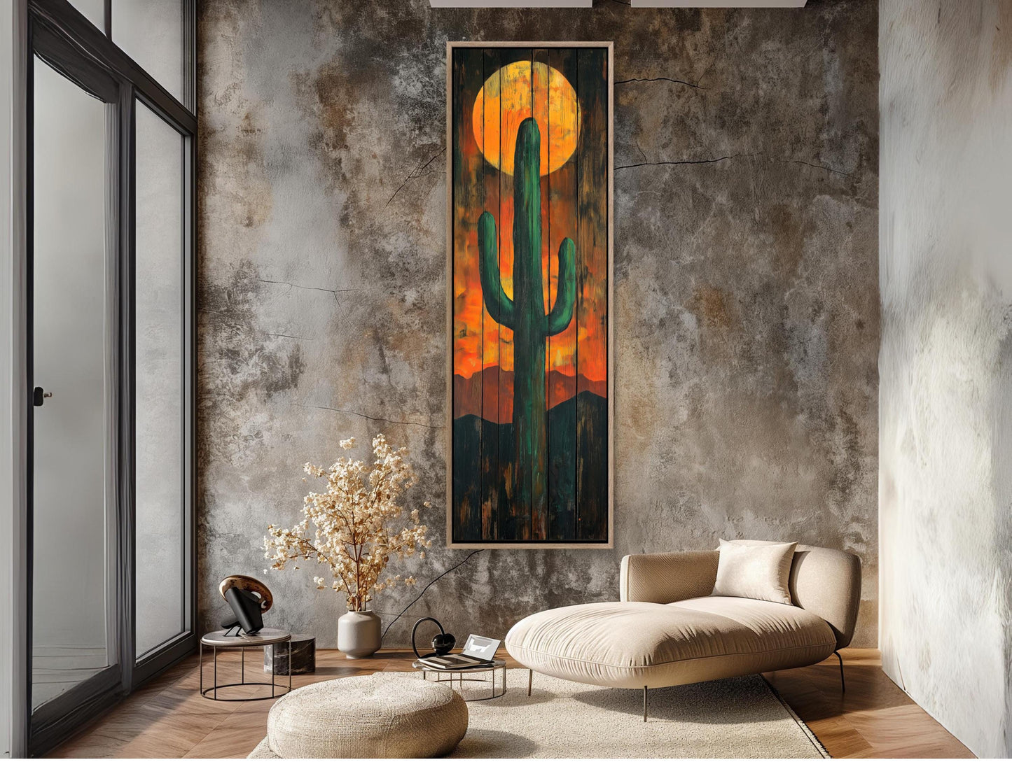 Desert Cactus Wall Art – Large Vertical Rustic Canvas Print With Sunset Cactus Silhouette - Antarmada