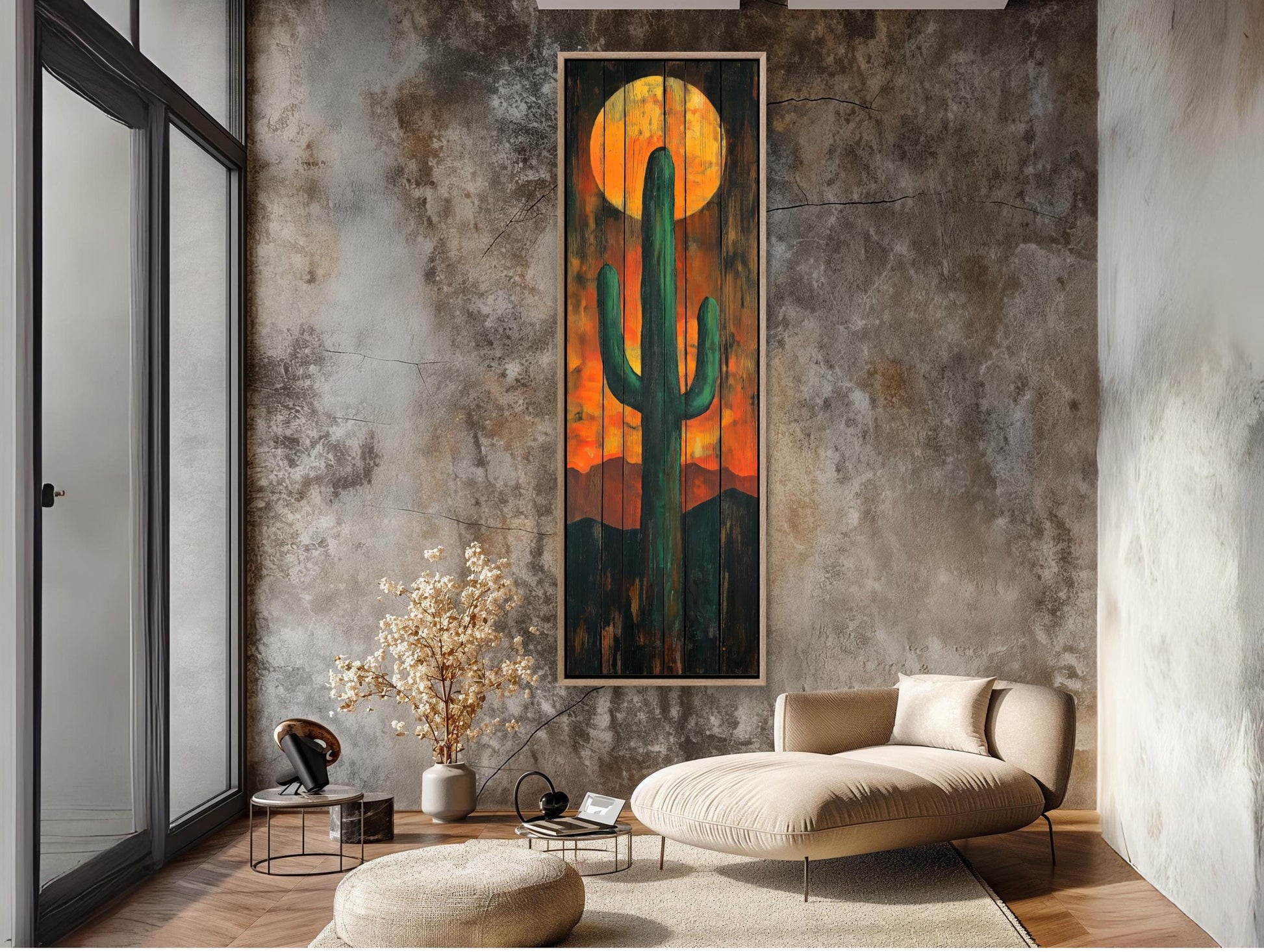 Desert Cactus Wall Art – Large Vertical Rustic Canvas Print With Sunset Cactus Silhouette - Antarmada