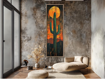 Desert Cactus Wall Art – Large Vertical Rustic Canvas Print With Sunset Cactus Silhouette - Antarmada