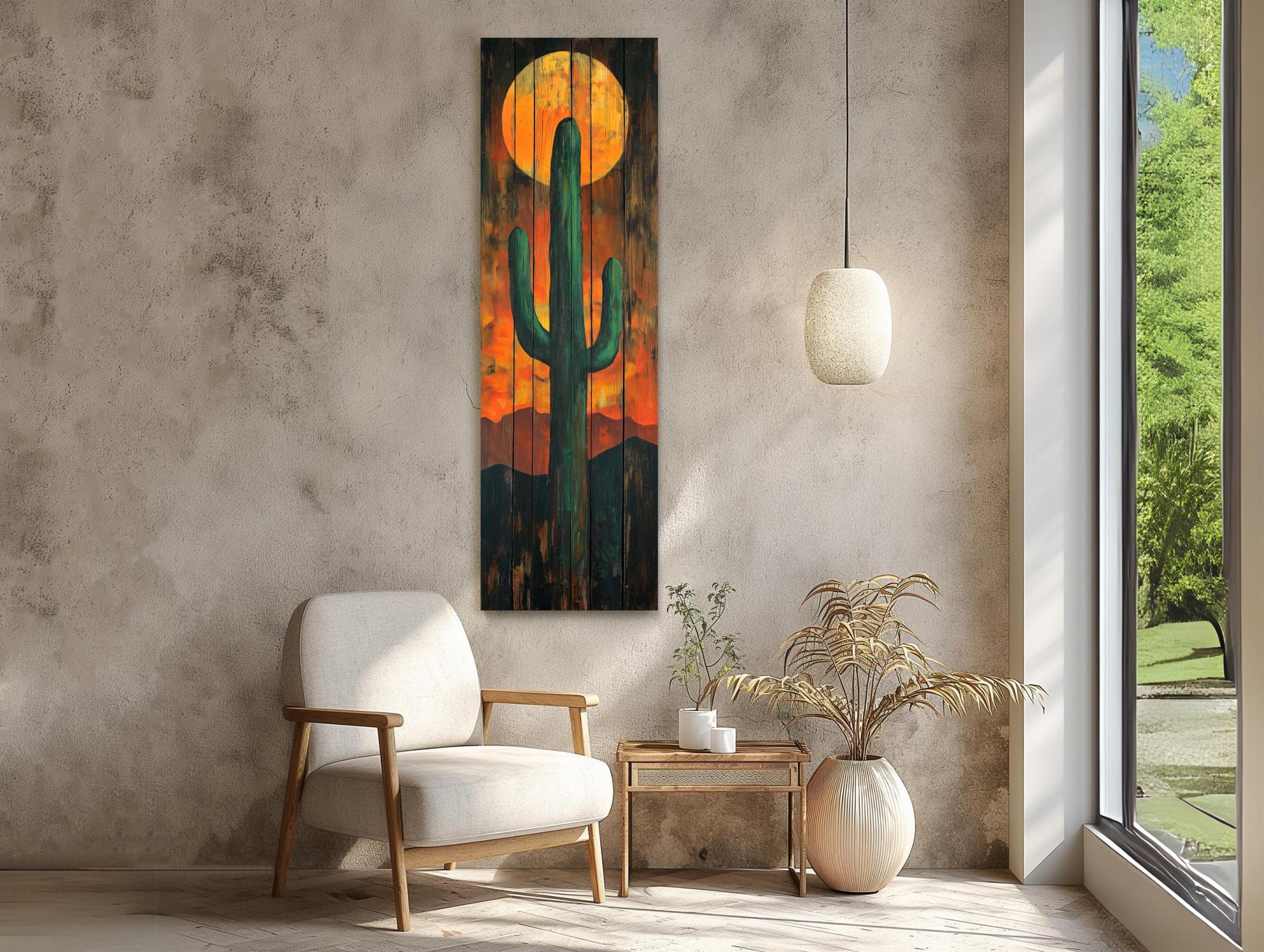 Desert Cactus Wall Art – Large Vertical Rustic Canvas Print With Sunset Cactus Silhouette - Antarmada
