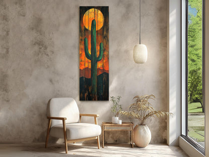 Desert Cactus Wall Art – Large Vertical Rustic Canvas Print With Sunset Cactus Silhouette - Antarmada