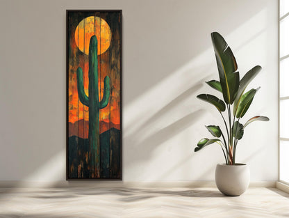 Desert Cactus Wall Art – Large Vertical Rustic Canvas Print With Sunset Cactus Silhouette - Antarmada
