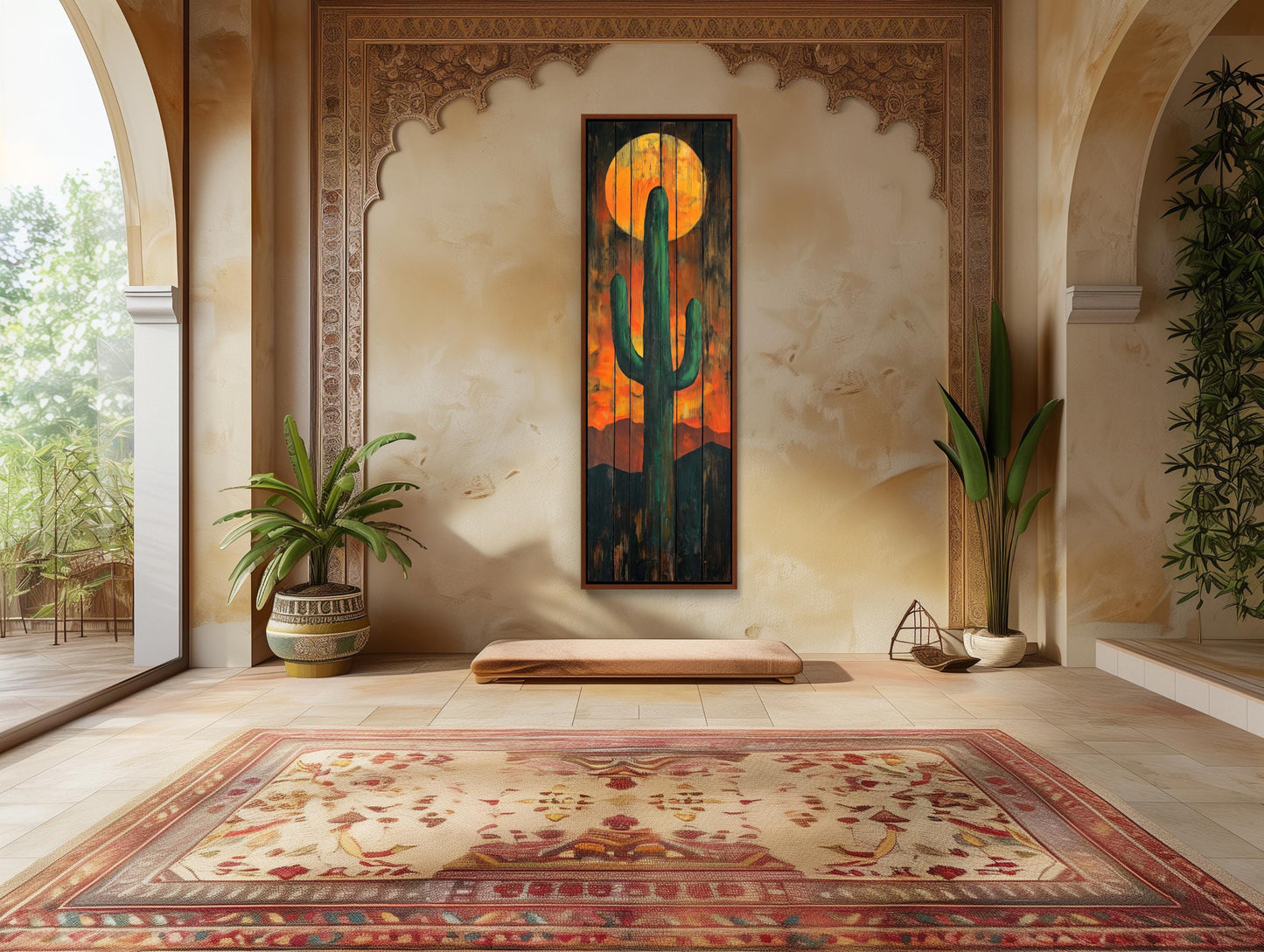 Desert Cactus Wall Art – Large Vertical Rustic Canvas Print With Sunset Cactus Silhouette - Antarmada
