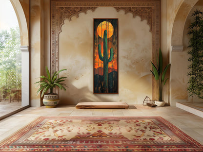 Desert Cactus Wall Art – Large Vertical Rustic Canvas Print With Sunset Cactus Silhouette - Antarmada