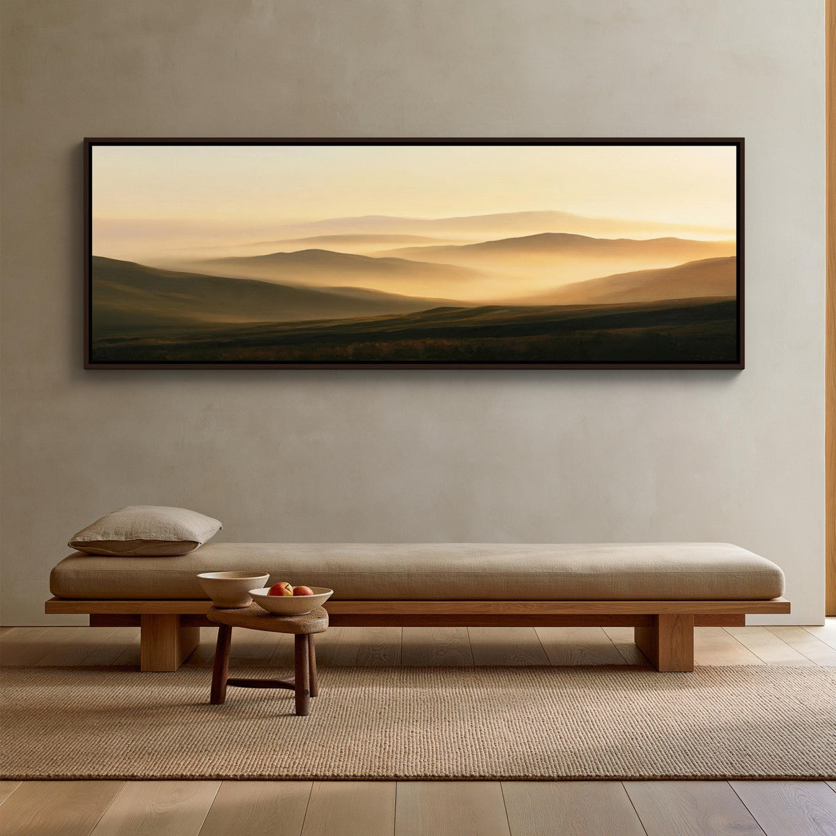 Golden hour rolling hills canvas wall art, serene indoor setting with a large framed landscape painting hanging on the wall