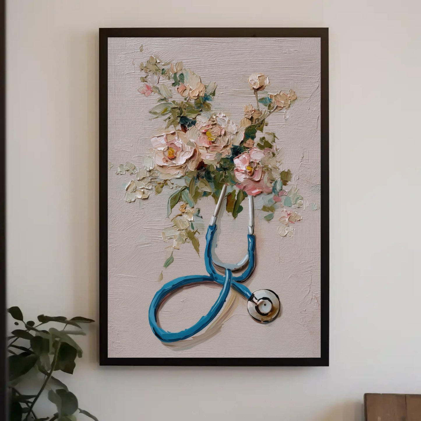 Doctor Canvas Wall Art, Stethoscope Floral Impasto Print, Medical Office Decor