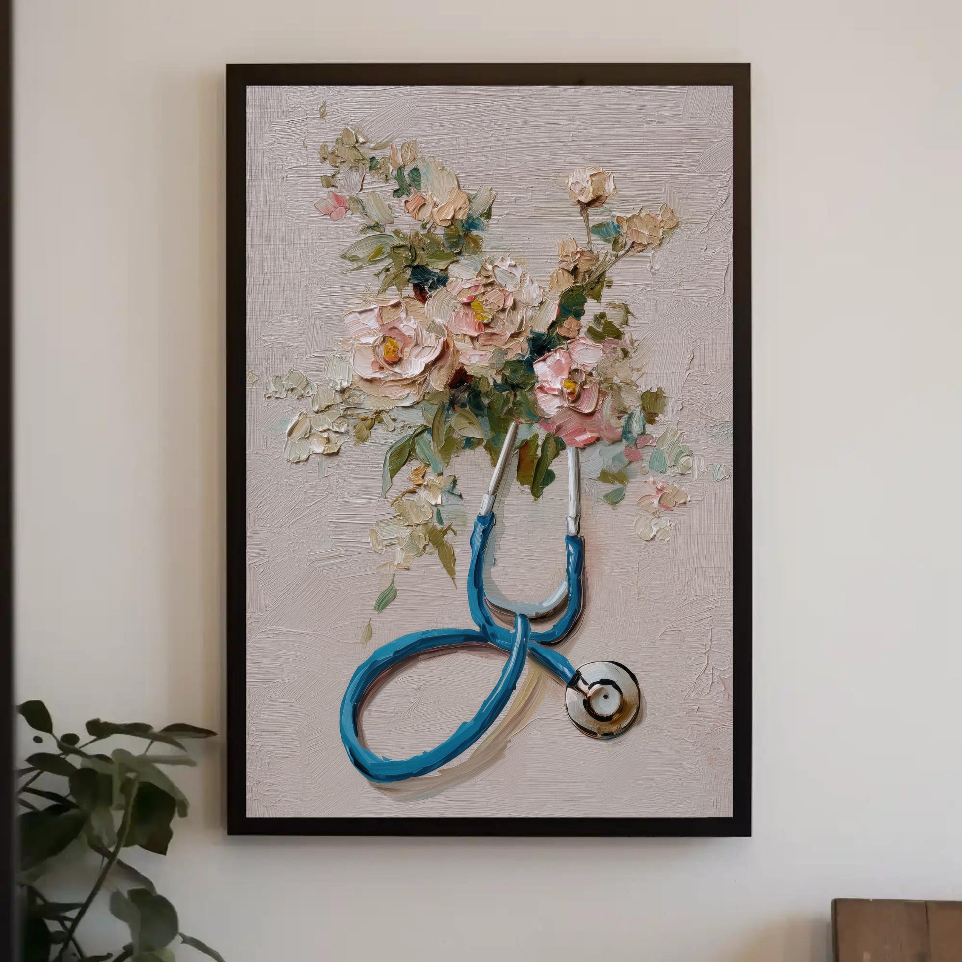 Doctor Canvas Wall Art, Stethoscope Floral Impasto Print, Medical Office Decor