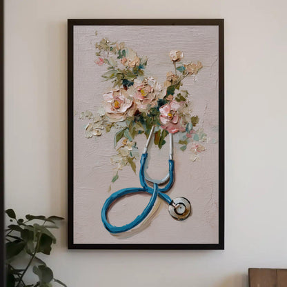 Doctor Canvas Wall Art, Stethoscope Floral Impasto Print, Medical Office Decor