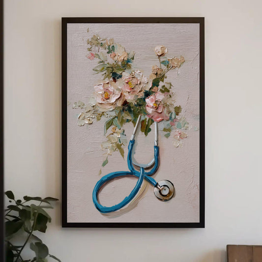 The image is a framed painting depicting a stethoscope with a bouquet of flowers on it, hanging on a wall.