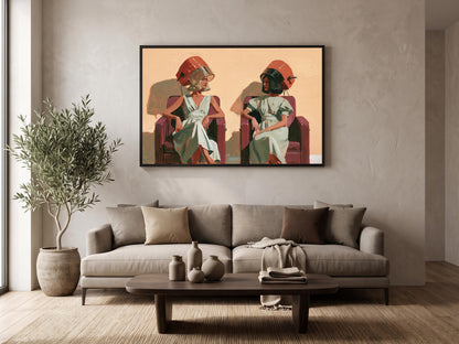 a modern living room with a large framed painting of two women sitting on a couch, one wearing a red hat and the other a green hat. The painting is hung on the wall above a wooden coffee table, which has a vase, a bottle, and a blanket on it. The room also has a potted plant and a window, creating a cozy and inviting atmosphere.