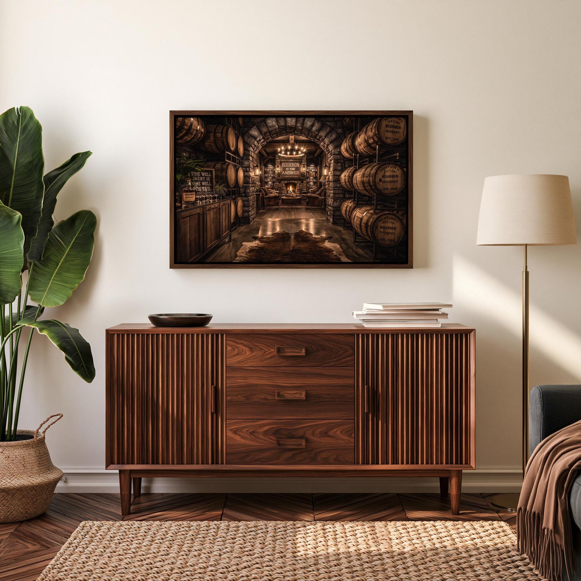 a wooden cabinet with drawers, a large picture frame hanging on the wall above it, and a potted plant to the left.