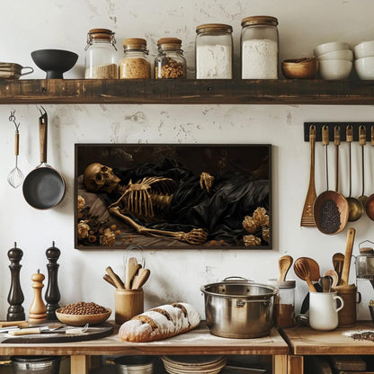 Victorian Sleeping Skeleton Gothic canvas wall art shown in a kitchen (view 2)