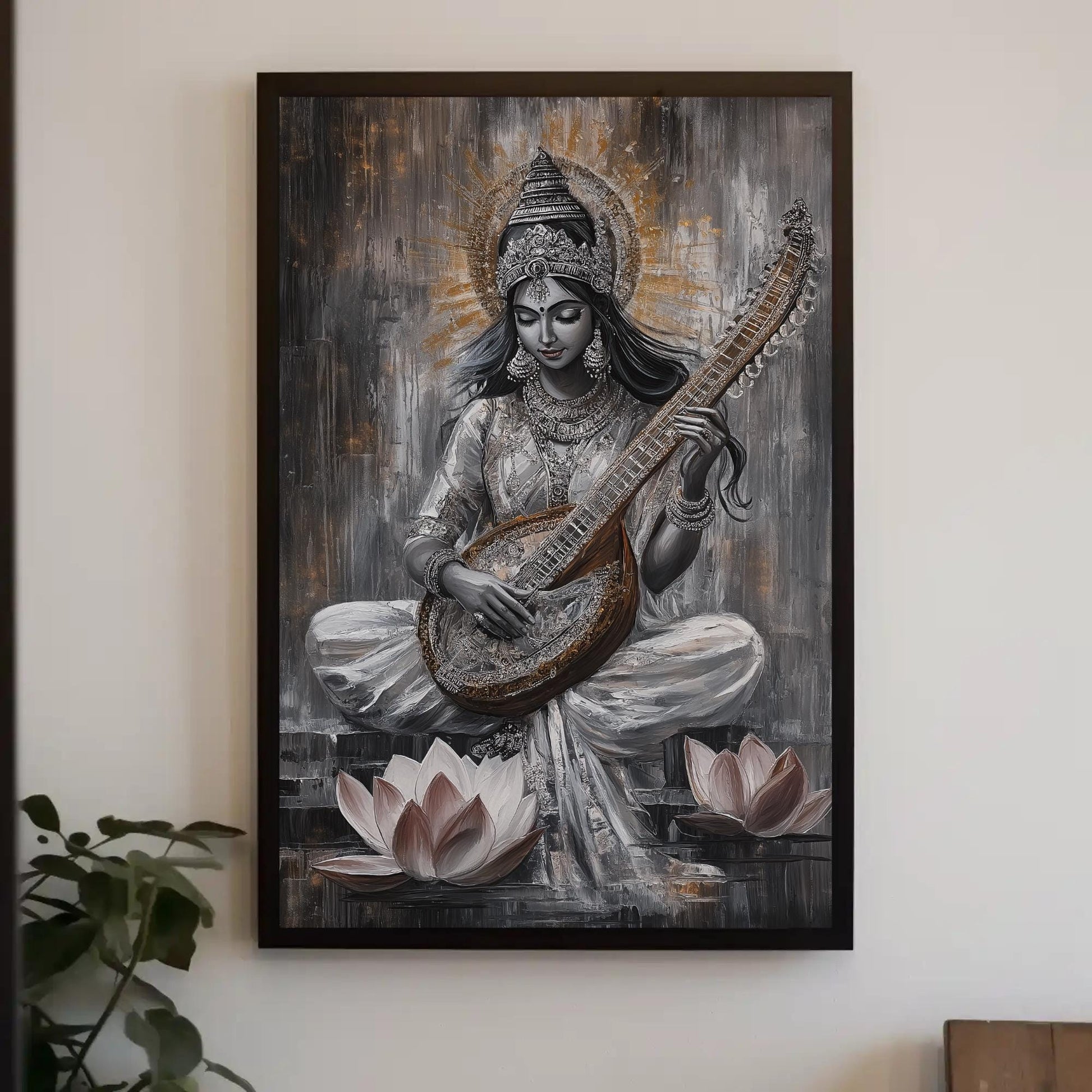 Goddess Saraswati Canvas Print, Hindu Wisdom Wall Art Decor