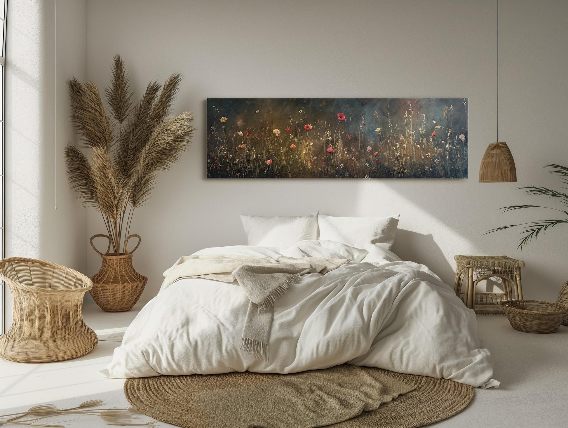 Wildflower Meadow , Dark Academia Panoramic canvas wall art shown in a bedroom
