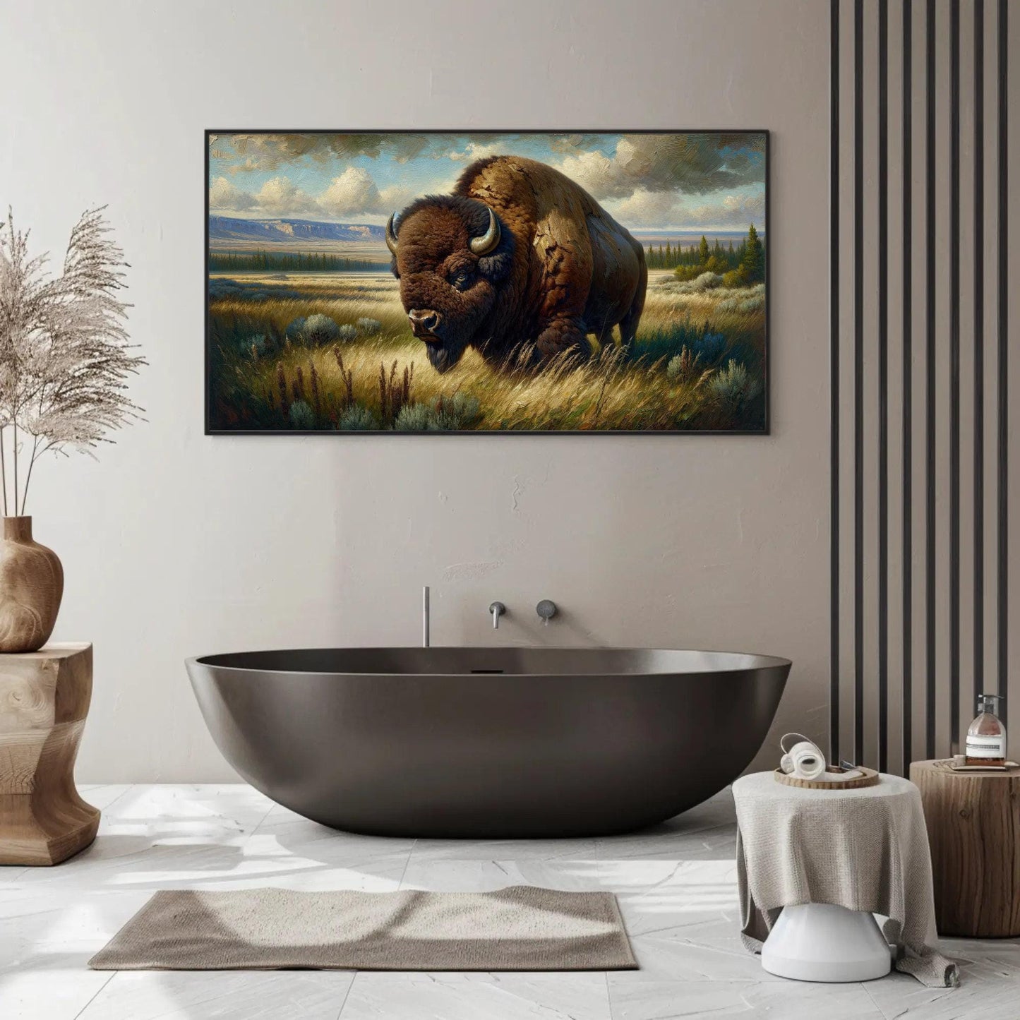 Bison Oil Painting canvas wall art shown in a bathroom