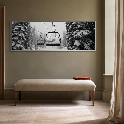 Snowy ski chairlift canvas wall art, large black and white photograph of a ski lift in a snowy mountain landscape, mounted