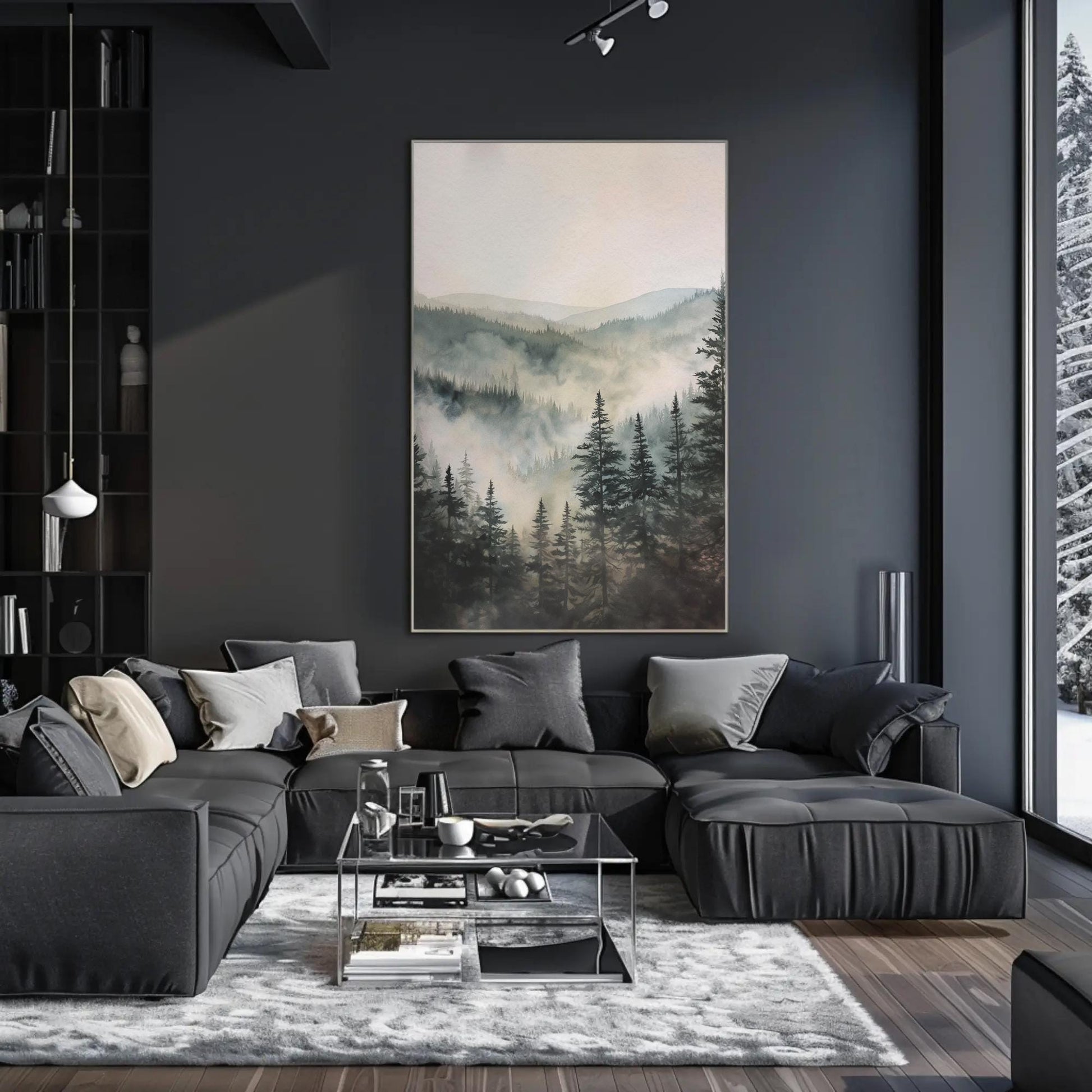 Misty Pine Forest canvas wall art shown in a living room
