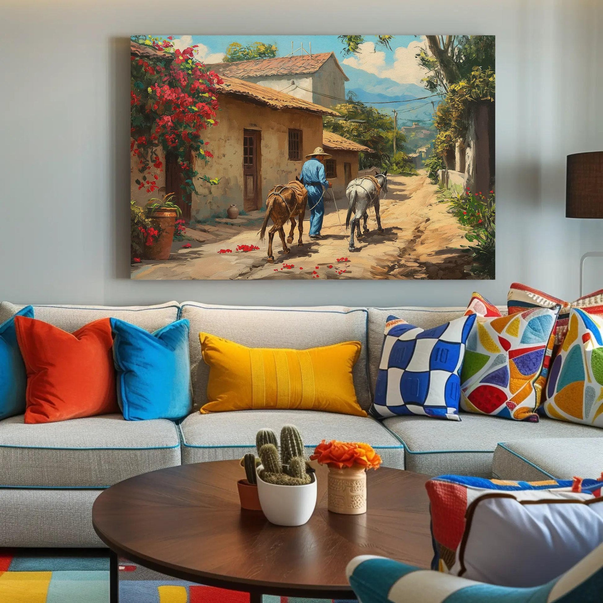 Mexican Village , Vibrant Mexico Pueblo traditional canvas wall art, ready to hang