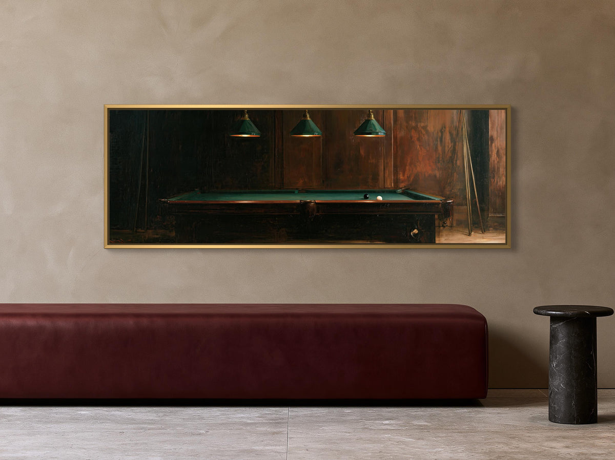 Billiard table under lamps canvas wall art, large framed painting of a pool table with green lamps above it, hanging on a