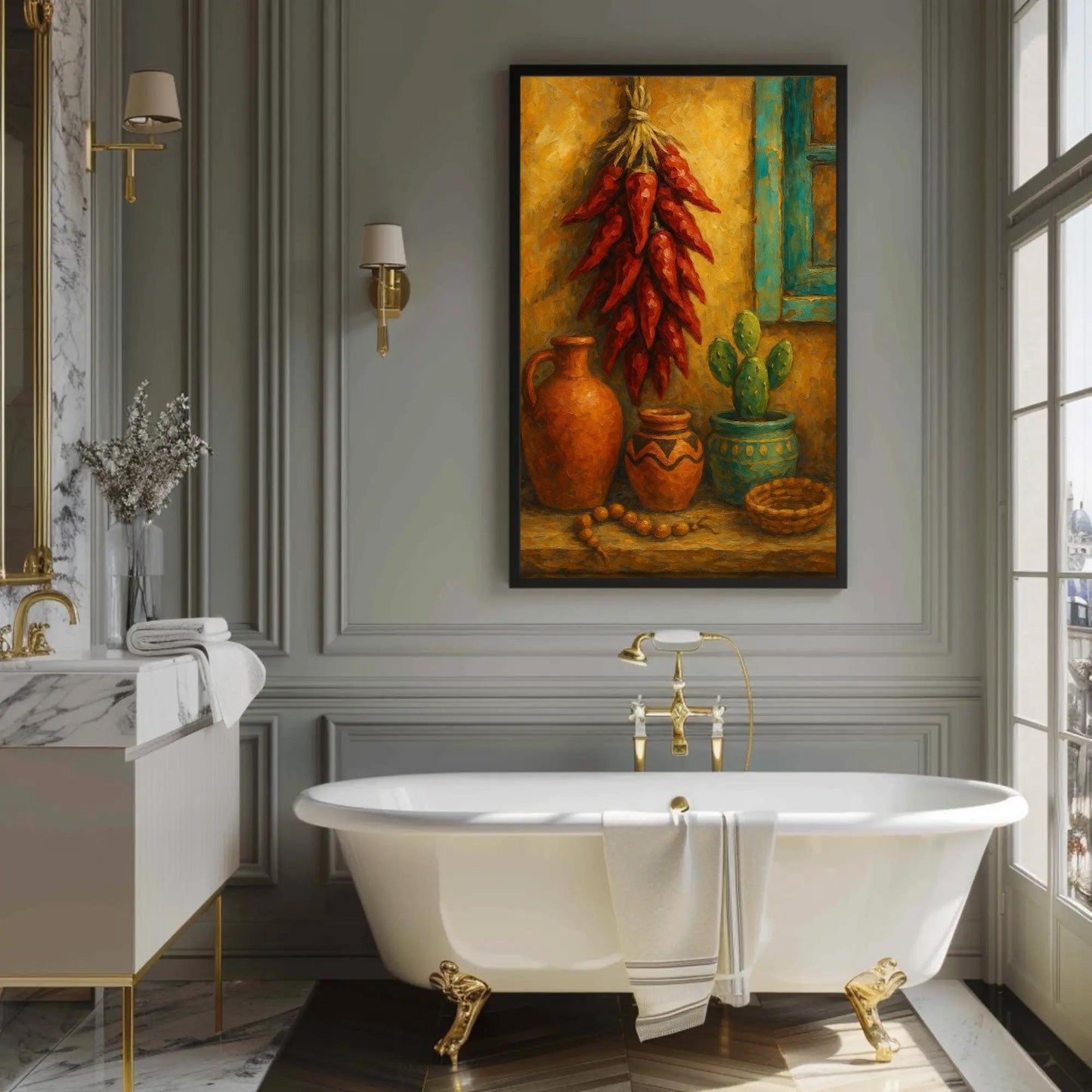 Southwestern canvas wall art shown in a bathroom