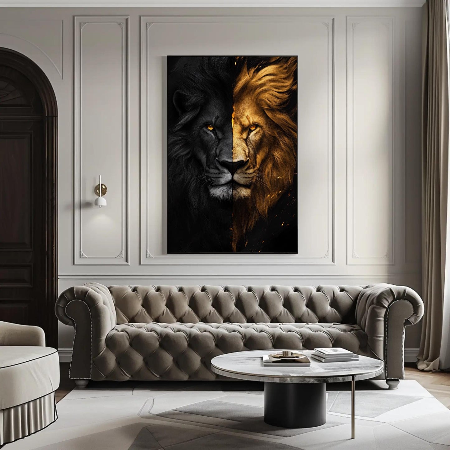 Black and Gold Lion canvas wall art shown in a living room (view 2)