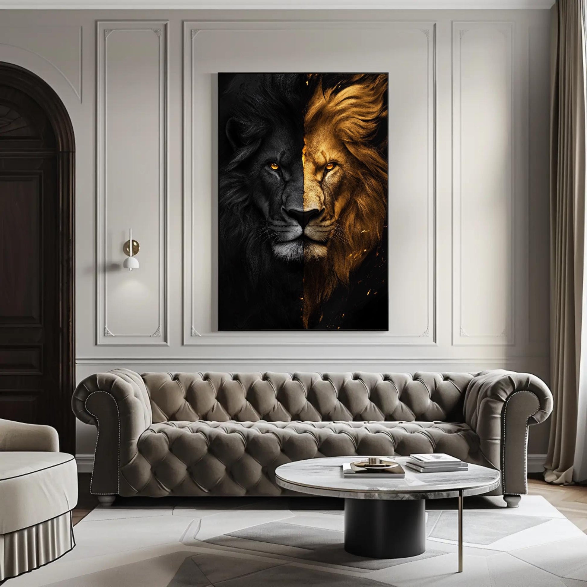 Black and Gold Lion canvas wall art shown in a living room (view 2)
