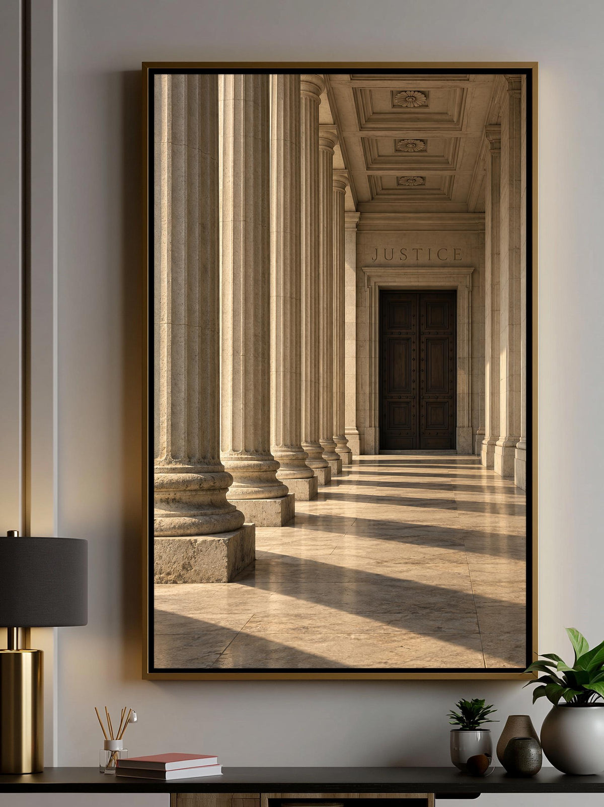 a grand hallway with a series of tall, white columns lining the path, leading to a dark wooden door at the end. The hallway is illuminated by natural light streaming in from the windows on the right side, creating a serene and majestic atmosphere.
