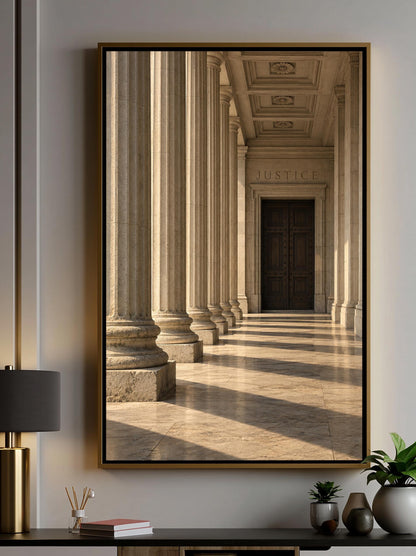 a grand hallway with a series of tall, white columns lining the path, leading to a dark wooden door at the end. The hallway is illuminated by natural light streaming in from the windows on the right side, creating a serene and majestic atmosphere.