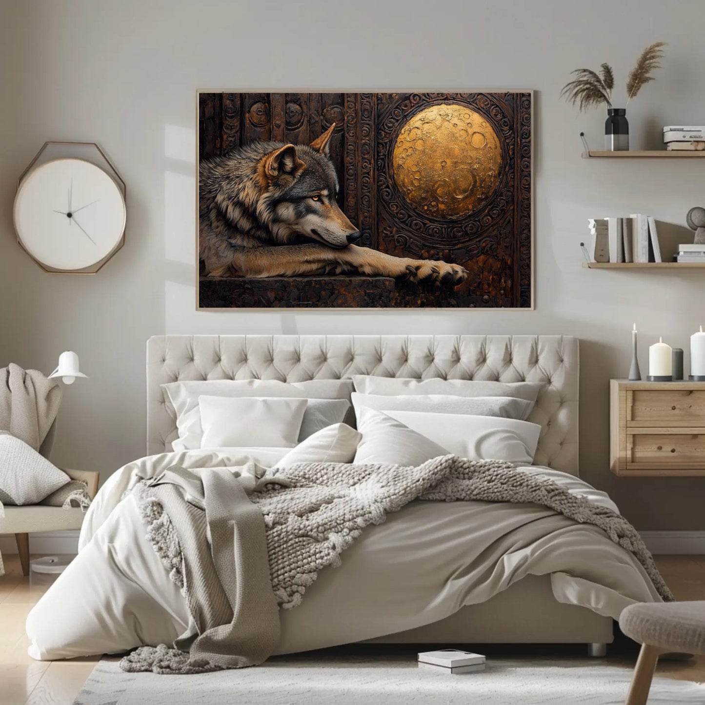 Wolf And Gold Moon Mystical Wildlife Art canvas wall art shown in a bedroom