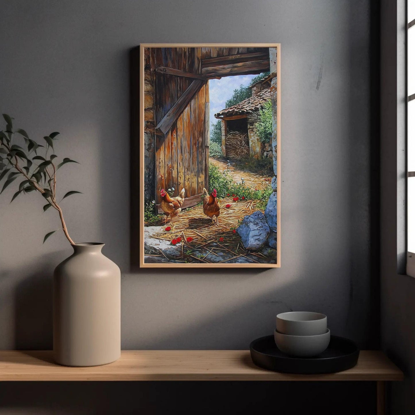 Chickens Barn canvas wall art shown in a styled room