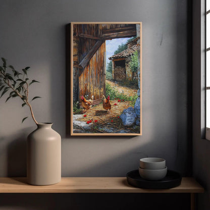 Chickens Barn canvas wall art shown in a styled room
