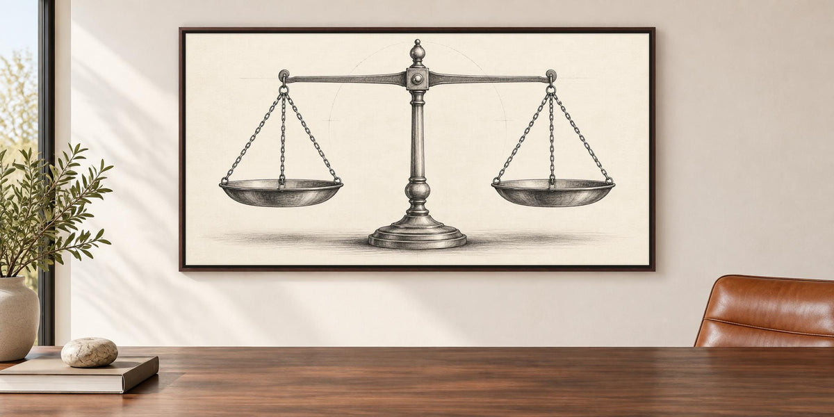 Scales of justice sketch canvas wall art, framed drawing of a scale with two pans suspended from a central rod, symbolizing