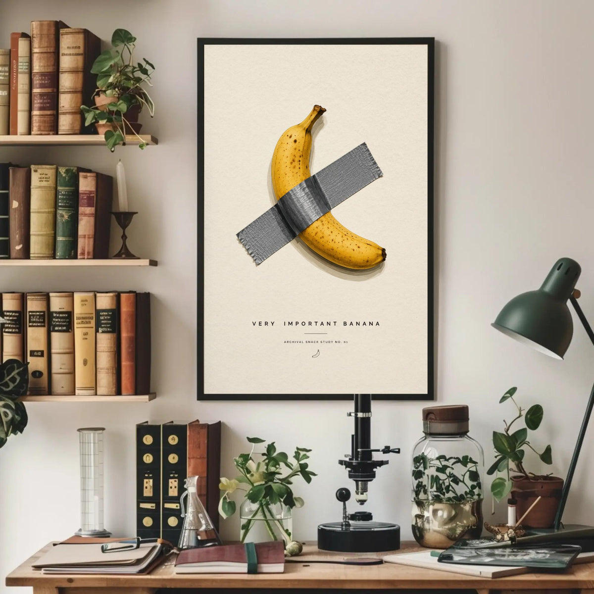 a framed poster with a banana taped to it, surrounded by various books, plants, and a desk with a lamp and other items.