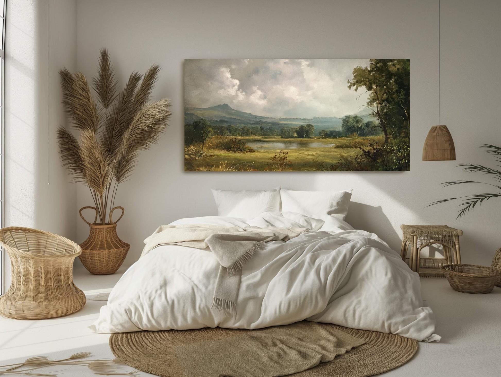 Countryside Landscape , Rustic Vintage canvas wall art in green tones
