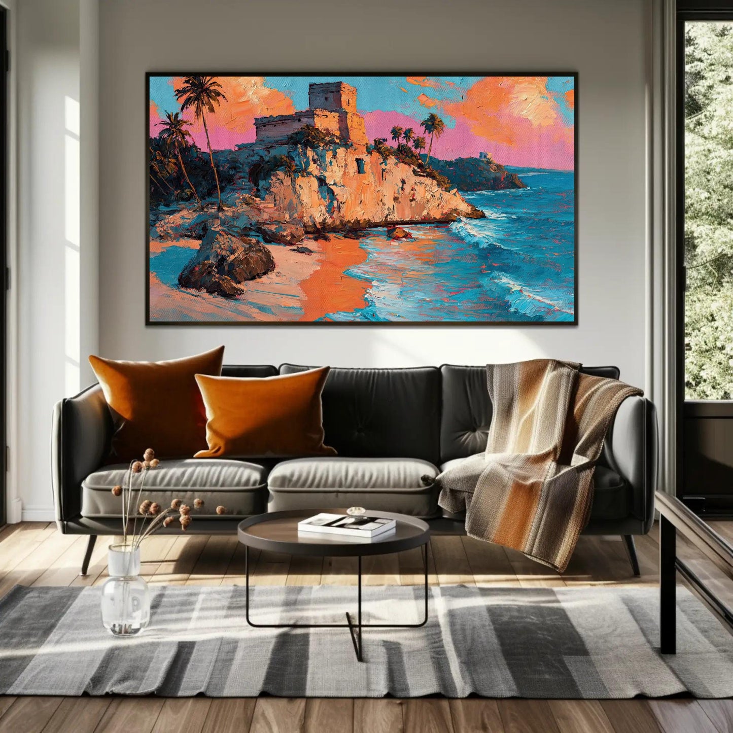 Tulum Ruins Oil Painting canvas wall art shown in a styled room