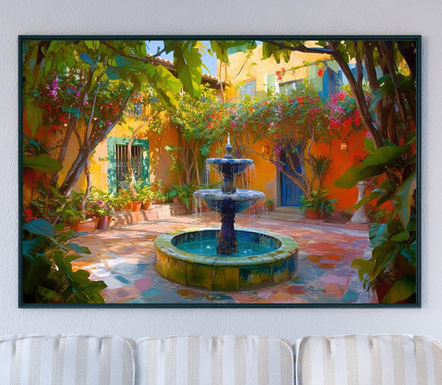 Mexican Garden Canvas Print, Latino Courtyard Fountain Art