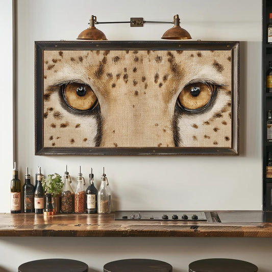 a large framed picture of a leopard's face hanging on a wall above a wooden counter with various bottles and spices on it.