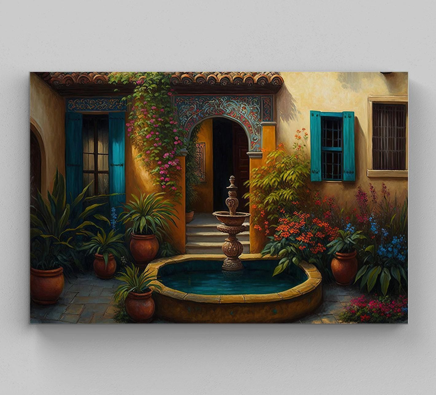 Mexican Courtyard Canvas, Vibrant Mexican Garden Art, Museum-Grade Print