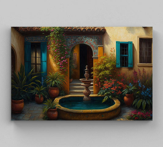 Mexican Courtyard Canvas | Vibrant Mexican Garden Art - Museum-Grade Print