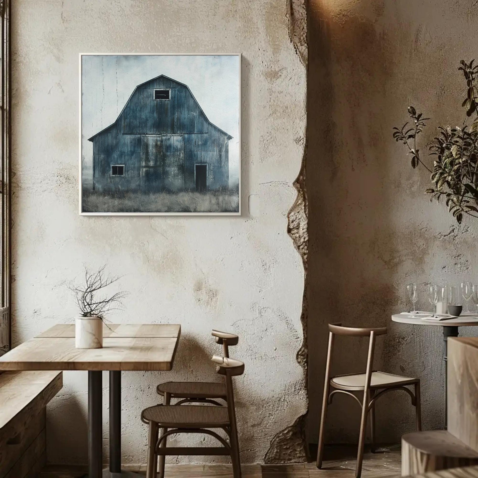 Blue Barn canvas wall art shown in a styled room (view 2)