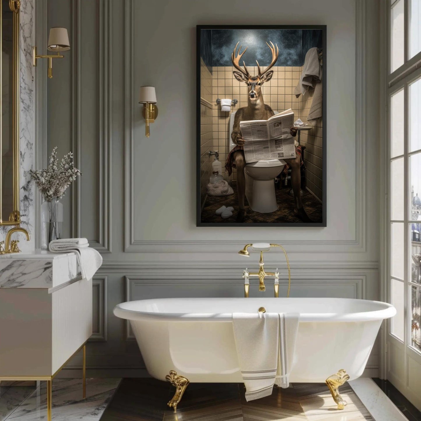 Funny Deer Bathroom Art canvas wall art, ready to hang