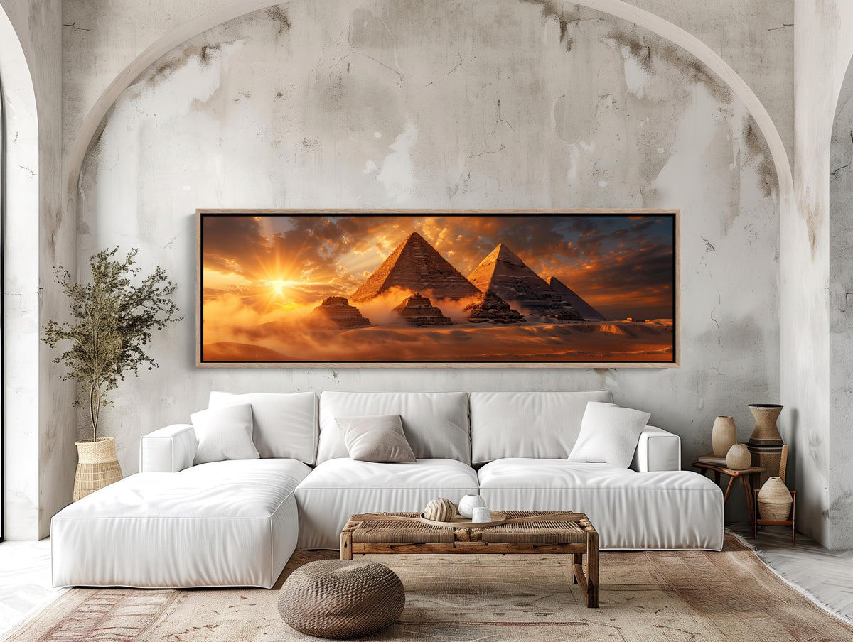 Pyramids at desert sunset canvas wall art, large, framed painting of the pyramids of Giza at sunset, hanging on a wall in a