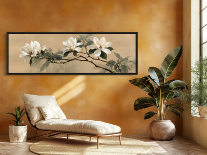 a serene and cozy living room with a large window, a comfortable lounge chair, and a potted plant. The walls are painted a warm orange color, and a framed painting of white flowers is displayed above the chair.