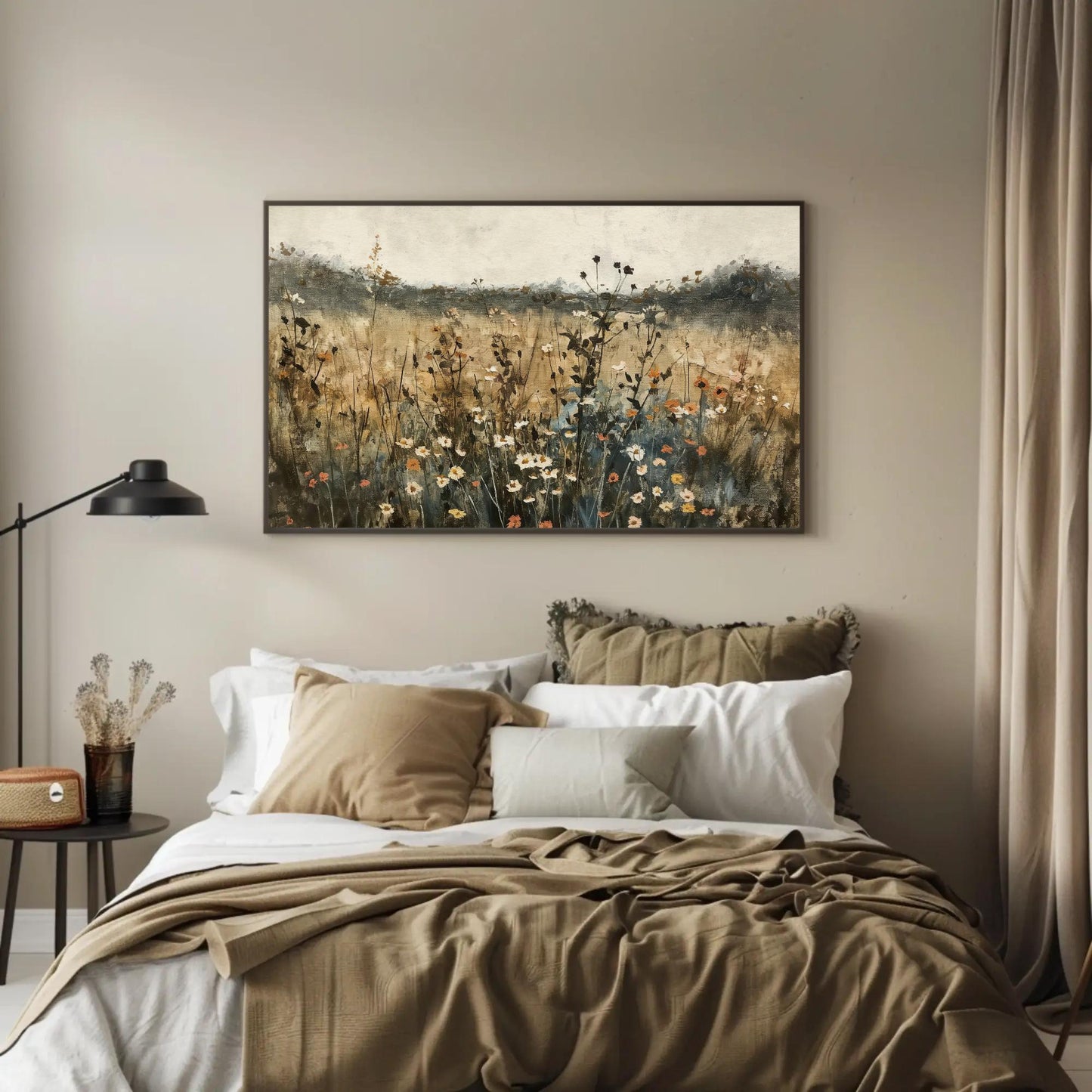 Wildflower Field , Moody Botanical Landscape Art canvas wall art shown in a bedroom