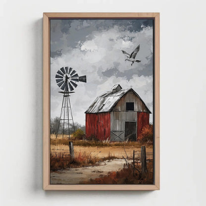 Farmhouse Barn Canvas Print, Rustic Windmill Landscape Framed Wall Art