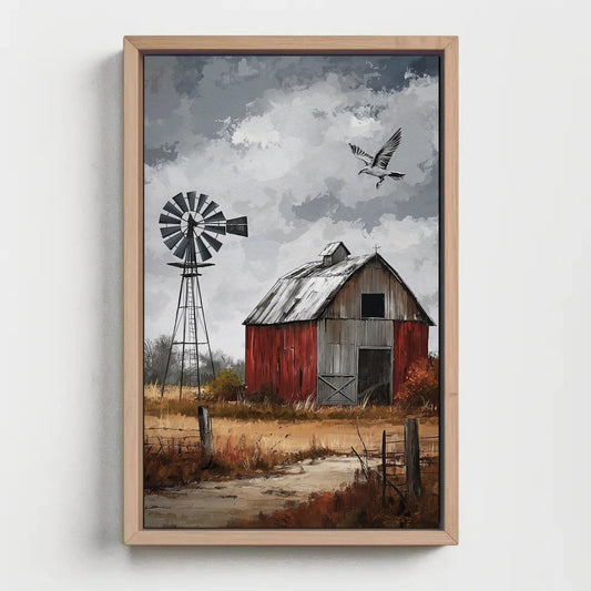 Farmhouse Barn Canvas Print - Rustic Windmill Landscape Framed Wall Art